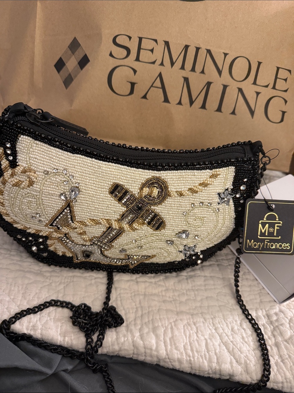 Mary Frances Black & Cream Beaded Anchor Crossbody Bag